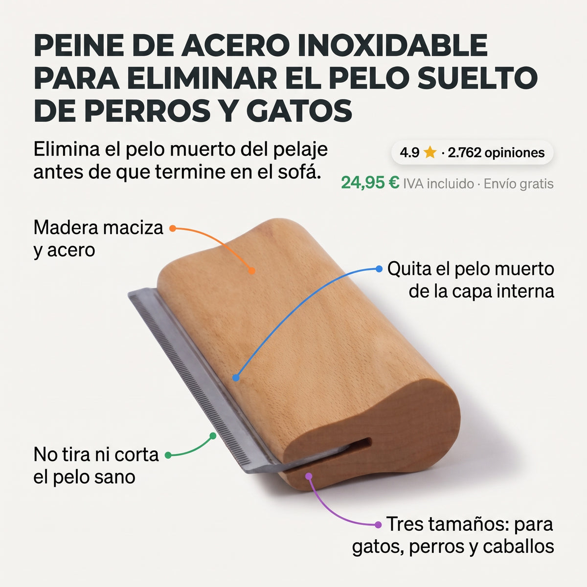 Peine de acero inoxidable para eliminar el pelo suelto en perros y gatos.